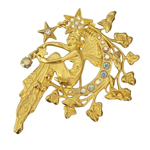 Kirk's Folly Gold Tone  Beautiful Fairy On A Crescent Moon Star Dangle Brooch - Picture 9 of 9